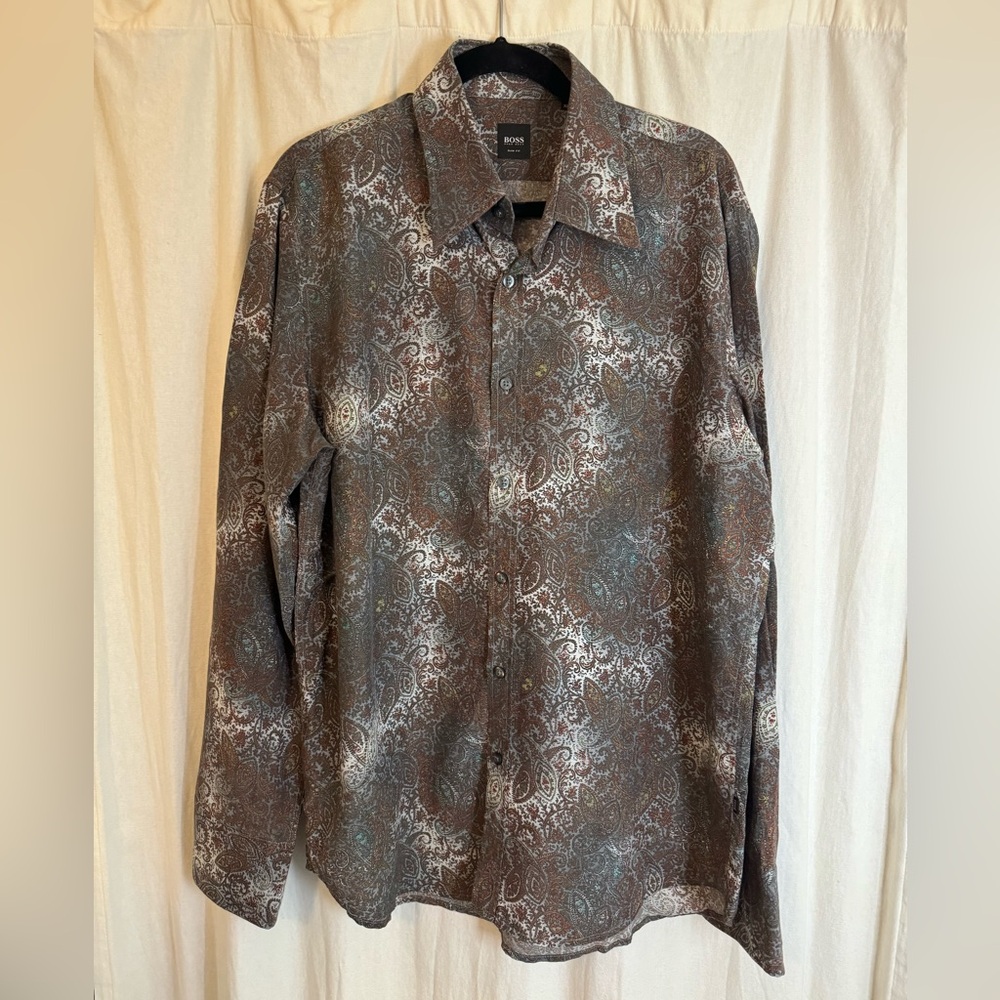 Hugo Boss Paisley Slim Fit button down Shirt in Brown and Gray